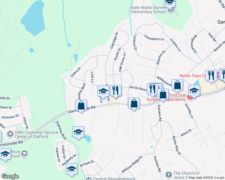 map of restaurants, bars, coffee shops, grocery stores, and more near 110 Austin Drive in Stafford