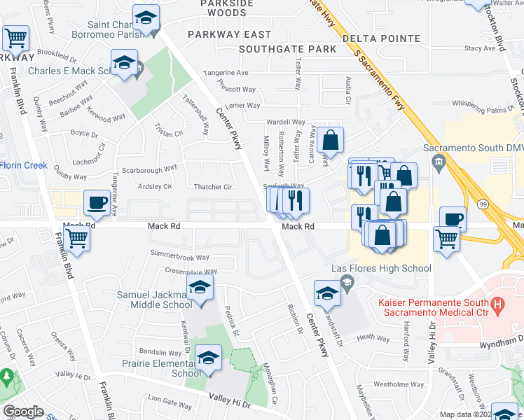 map of restaurants, bars, coffee shops, grocery stores, and more near 44 Center Parkway in Sacramento