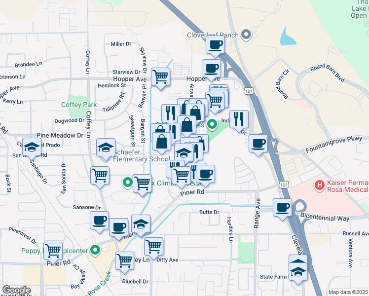 map of restaurants, bars, coffee shops, grocery stores, and more near 3383 Airway Dr in Santa Rosa
