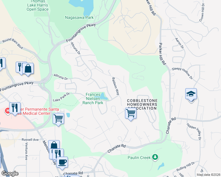 map of restaurants, bars, coffee shops, grocery stores, and more near 3544 Kirkridge Street in Santa Rosa