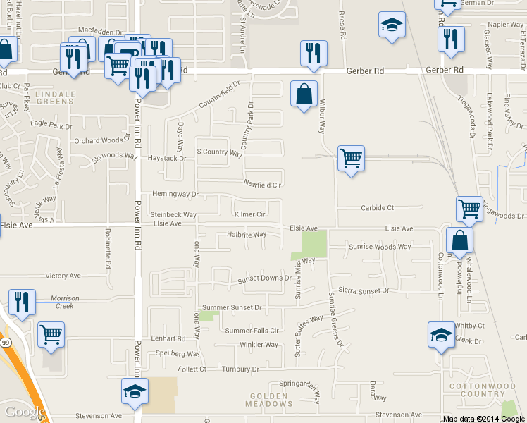 map of restaurants, bars, coffee shops, grocery stores, and more near 8259 Kilmer Circle in Sacramento