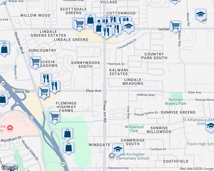 map of restaurants, bars, coffee shops, grocery stores, and more near 8116 Steinbeck Way in Sacramento
