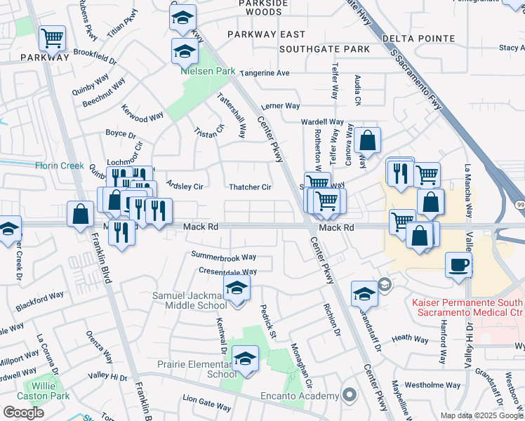 map of restaurants, bars, coffee shops, grocery stores, and more near 5245 Mack Road in Sacramento