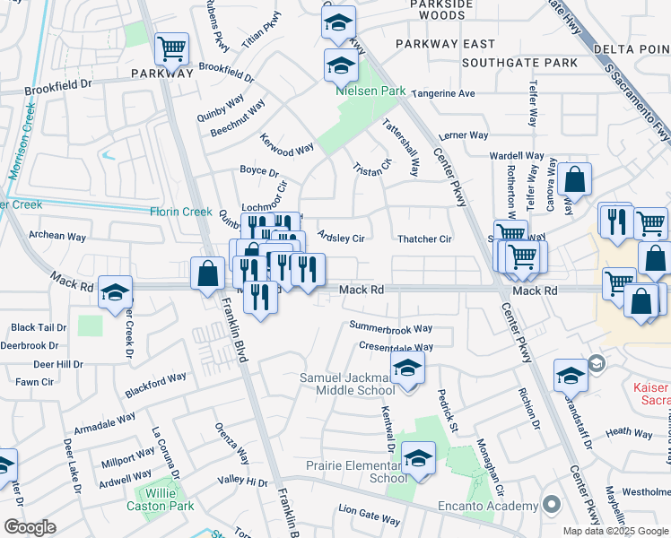 map of restaurants, bars, coffee shops, grocery stores, and more near 4969 Mack Road in Sacramento