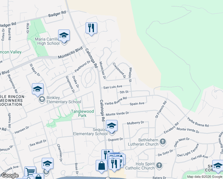 map of restaurants, bars, coffee shops, grocery stores, and more near 5240 San Luis Avenue in Santa Rosa