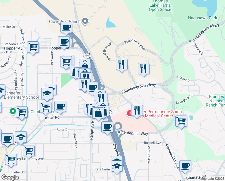 map of restaurants, bars, coffee shops, grocery stores, and more near 3586 Mendocino Avenue in Santa Rosa
