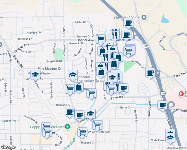 map of restaurants, bars, coffee shops, grocery stores, and more near 3536 Banyan Street in Santa Rosa