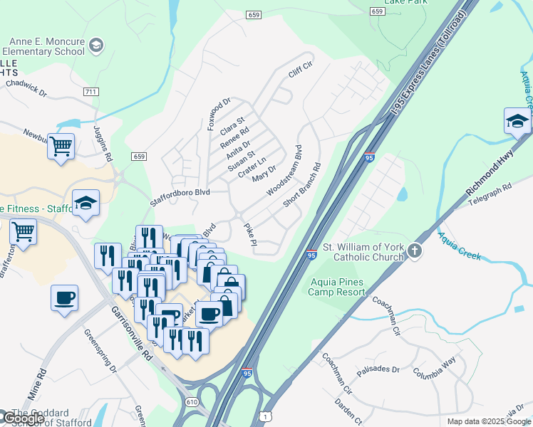 map of restaurants, bars, coffee shops, grocery stores, and more near 22 Short Branch Road in Stafford