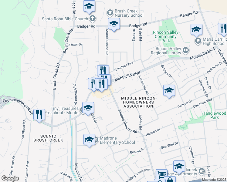 map of restaurants, bars, coffee shops, grocery stores, and more near 7 Redwood Court in Santa Rosa