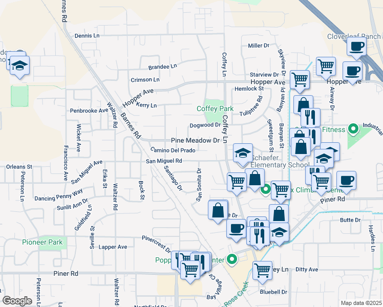 map of restaurants, bars, coffee shops, grocery stores, and more near 1932 Camino Del Prado in Santa Rosa