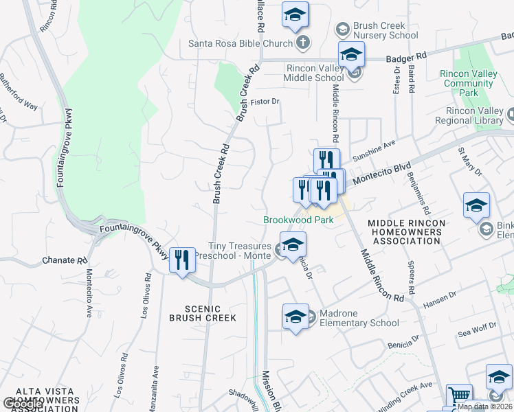 map of restaurants, bars, coffee shops, grocery stores, and more near 2333 Creekwood Drive in Santa Rosa