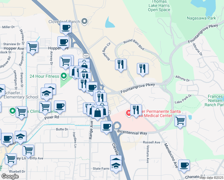 map of restaurants, bars, coffee shops, grocery stores, and more near 3586 Mendocino Avenue in Santa Rosa