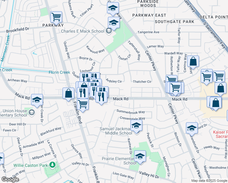 map of restaurants, bars, coffee shops, grocery stores, and more near 4969 Mack Road in Sacramento