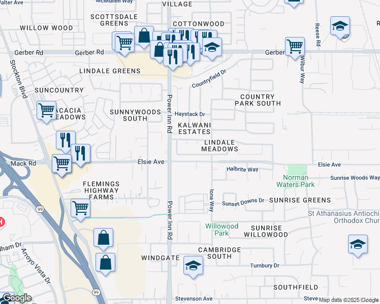 map of restaurants, bars, coffee shops, grocery stores, and more near 8145 Steinbeck Way in Sacramento