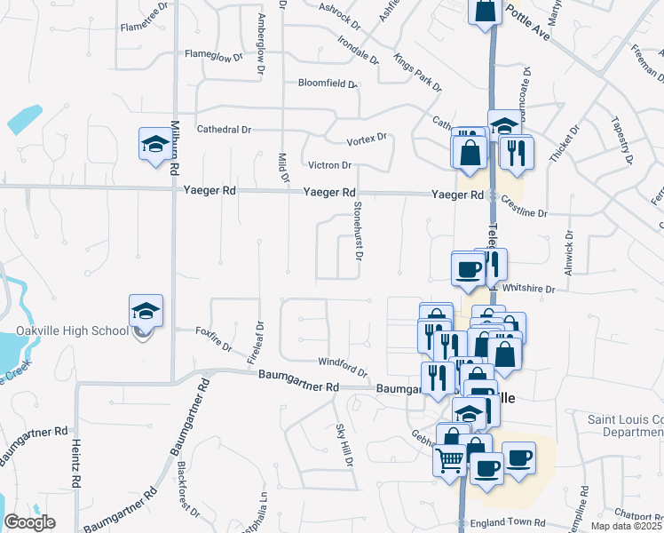 map of restaurants, bars, coffee shops, grocery stores, and more near 5491 Bradbury Drive in St. Louis