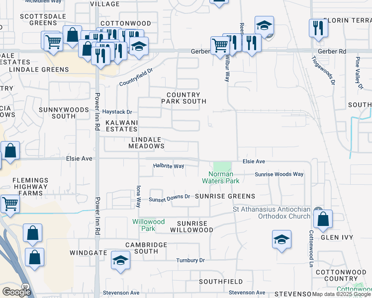 map of restaurants, bars, coffee shops, grocery stores, and more near 8259 Kilmer Circle in Sacramento