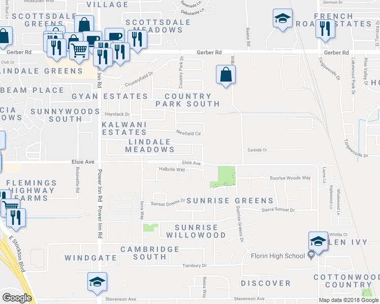 map of restaurants, bars, coffee shops, grocery stores, and more near 8259 Kilmer Circle in Sacramento