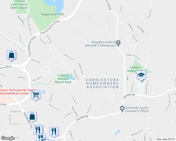 map of restaurants, bars, coffee shops, grocery stores, and more near 3573 Kelsey Knolls in Santa Rosa