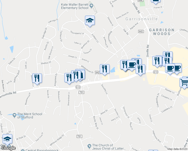 map of restaurants, bars, coffee shops, grocery stores, and more near 32 Riverton Drive in Stafford
