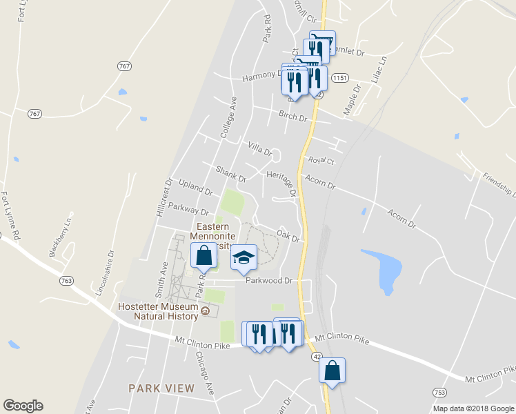 map of restaurants, bars, coffee shops, grocery stores, and more near Oak Drive in Harrisonburg