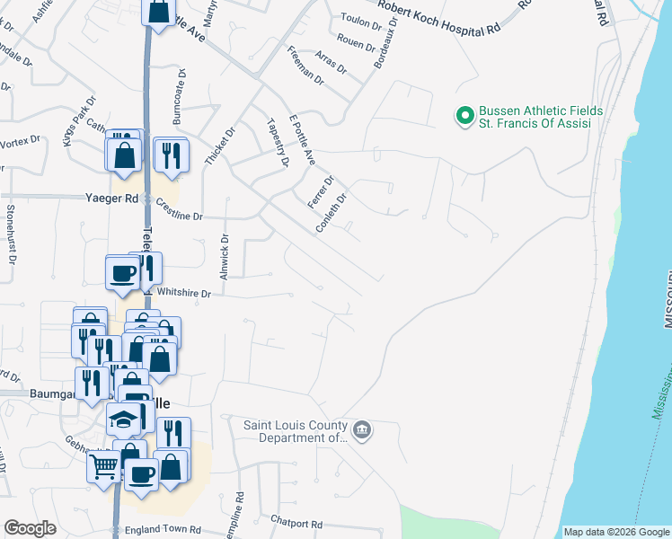 map of restaurants, bars, coffee shops, grocery stores, and more near 2225 Aileswick Drive in St. Louis