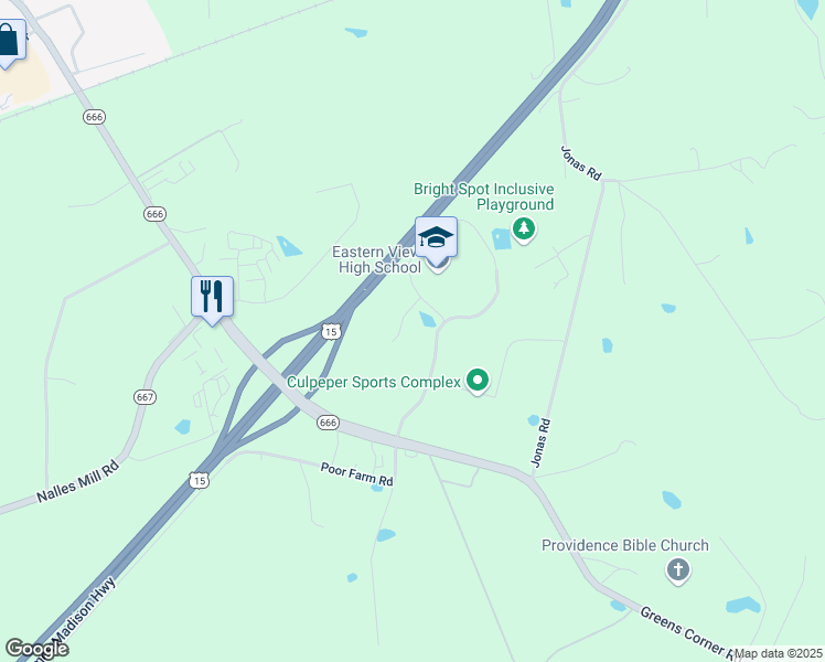 map of restaurants, bars, coffee shops, grocery stores, and more near 16332 Cyclone Way in Culpeper