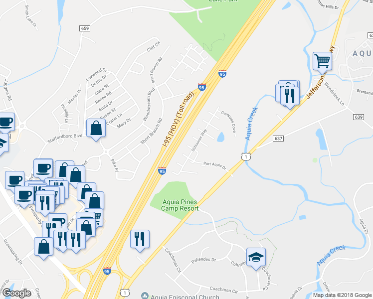 map of restaurants, bars, coffee shops, grocery stores, and more near 109 Seaspray Terrace in Stafford