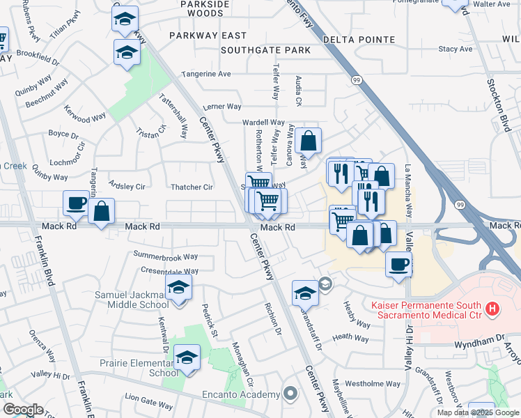 map of restaurants, bars, coffee shops, grocery stores, and more near 5633 Mack Road in Sacramento