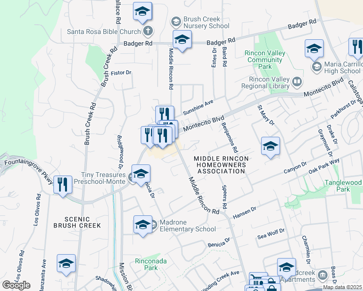 map of restaurants, bars, coffee shops, grocery stores, and more near 7 Redwood Court in Santa Rosa