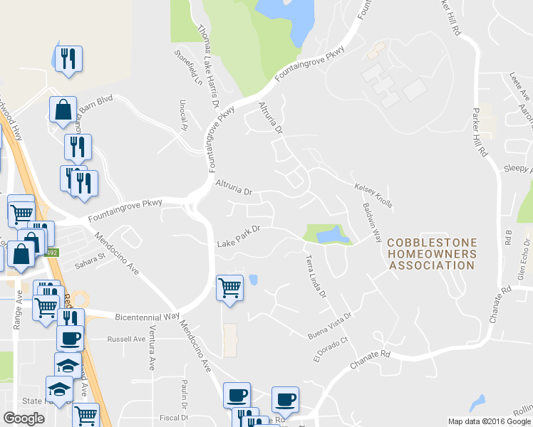 map of restaurants, bars, coffee shops, grocery stores, and more near 1833 Palisades Drive in Santa Rosa