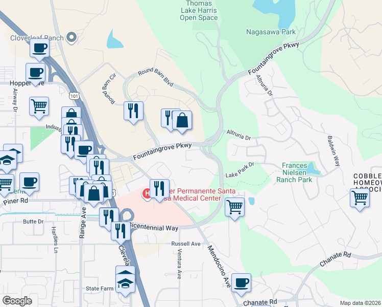 map of restaurants, bars, coffee shops, grocery stores, and more near 300 Fountaingrove Parkway in Santa Rosa