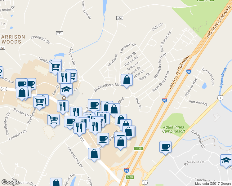 map of restaurants, bars, coffee shops, grocery stores, and more near 44 Bristol Court in Stafford