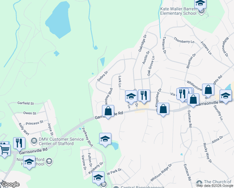 map of restaurants, bars, coffee shops, grocery stores, and more near 108 Lark Ln in Stafford