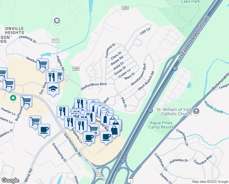 map of restaurants, bars, coffee shops, grocery stores, and more near 25 Curving Branch Way in Stafford