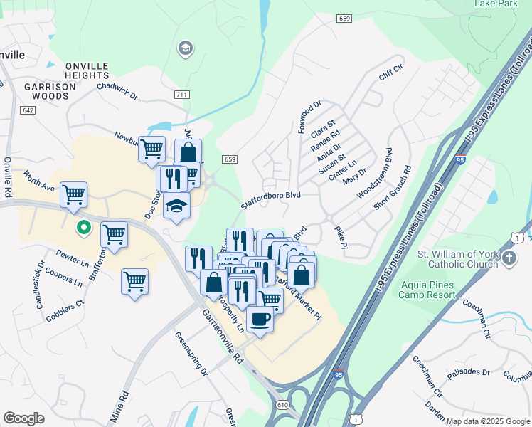 map of restaurants, bars, coffee shops, grocery stores, and more near 12 Alice Court in Stafford