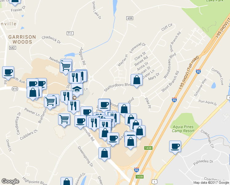 map of restaurants, bars, coffee shops, grocery stores, and more near 11 Alice Court in Stafford