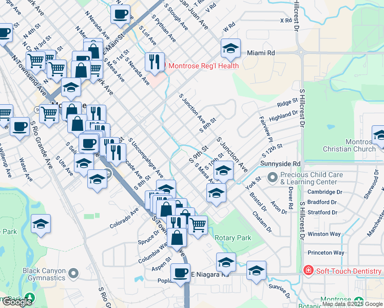 map of restaurants, bars, coffee shops, grocery stores, and more near 703 South 9th Street in Montrose