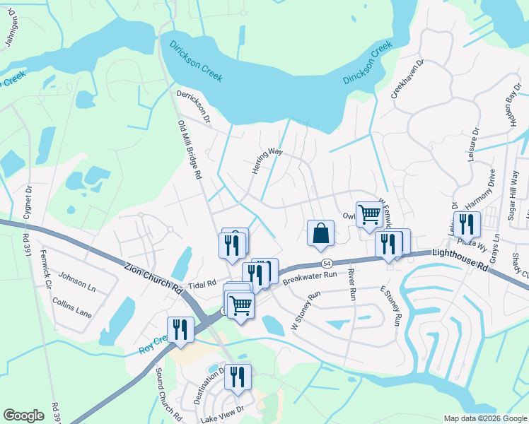 map of restaurants, bars, coffee shops, grocery stores, and more near 37203 West Fenwick Boulevard in Selbyville