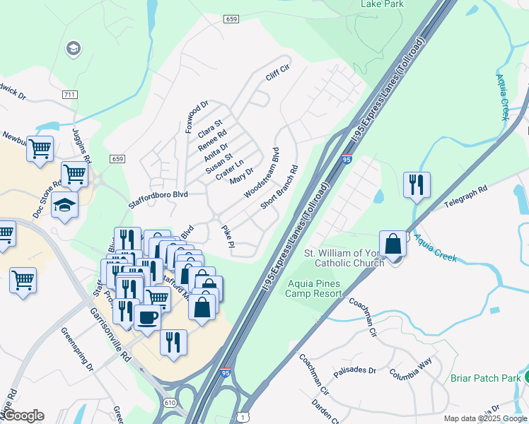 map of restaurants, bars, coffee shops, grocery stores, and more near 36 Short Branch Road in Stafford