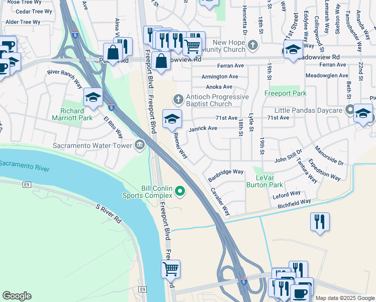 map of restaurants, bars, coffee shops, grocery stores, and more near 7763 Reenel Way in Sacramento