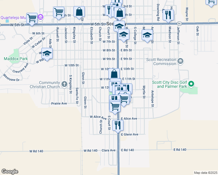 map of restaurants, bars, coffee shops, grocery stores, and more near 1200 South Court Street in Scott City