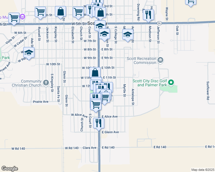 map of restaurants, bars, coffee shops, grocery stores, and more near East 12th Street in Scott City