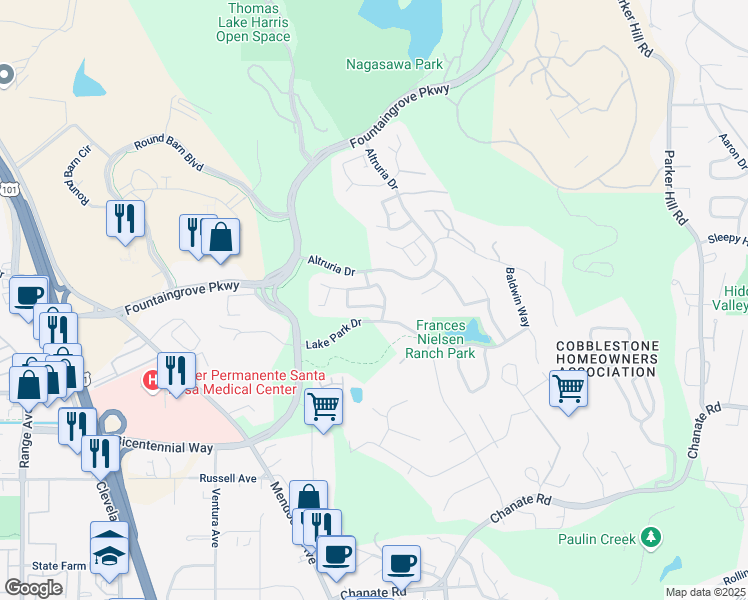 map of restaurants, bars, coffee shops, grocery stores, and more near 1845 Palisades Way in Santa Rosa
