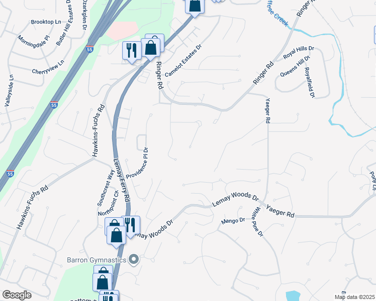 map of restaurants, bars, coffee shops, grocery stores, and more near 5575 Homeward Lane in St. Louis