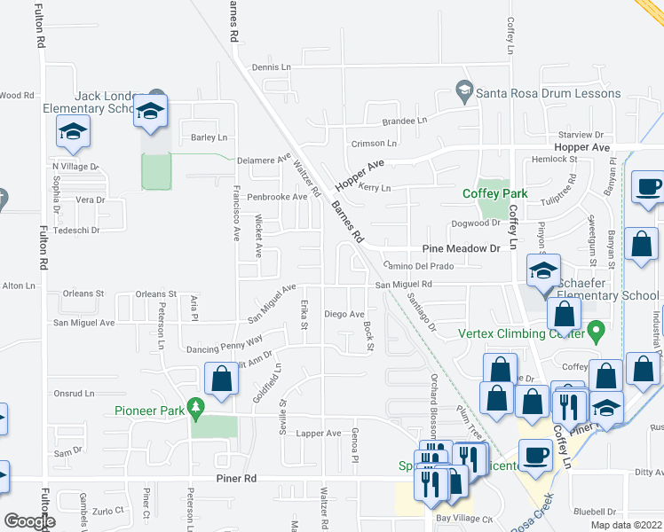 map of restaurants, bars, coffee shops, grocery stores, and more near 2219 Gold Leaf Lane in Santa Rosa