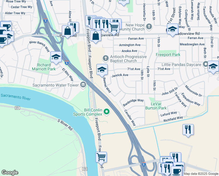 map of restaurants, bars, coffee shops, grocery stores, and more near 7763 Reenel Way in Sacramento
