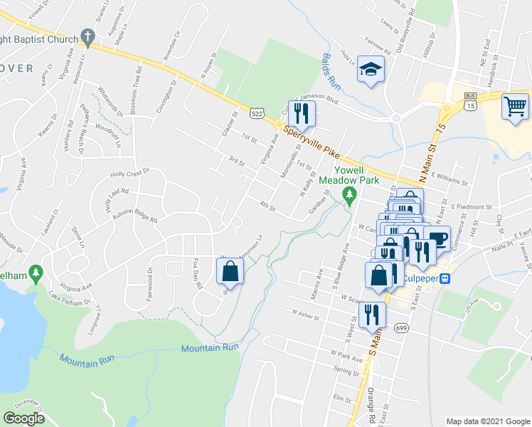 map of restaurants, bars, coffee shops, grocery stores, and more near 541 4th Street in Culpeper
