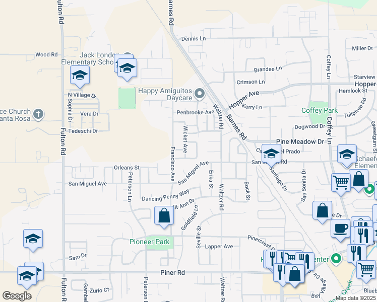 map of restaurants, bars, coffee shops, grocery stores, and more near 2302 Wicket Avenue in Santa Rosa