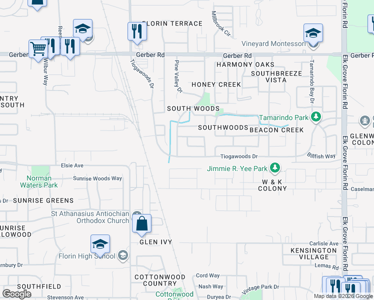 map of restaurants, bars, coffee shops, grocery stores, and more near 8601 Tiogawoods Drive in Sacramento