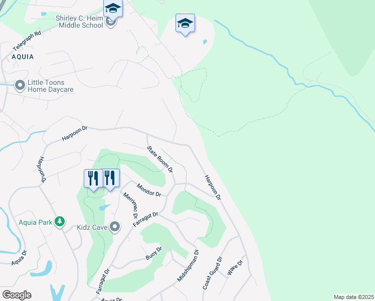 map of restaurants, bars, coffee shops, grocery stores, and more near 2169 Harpoon Drive in Stafford